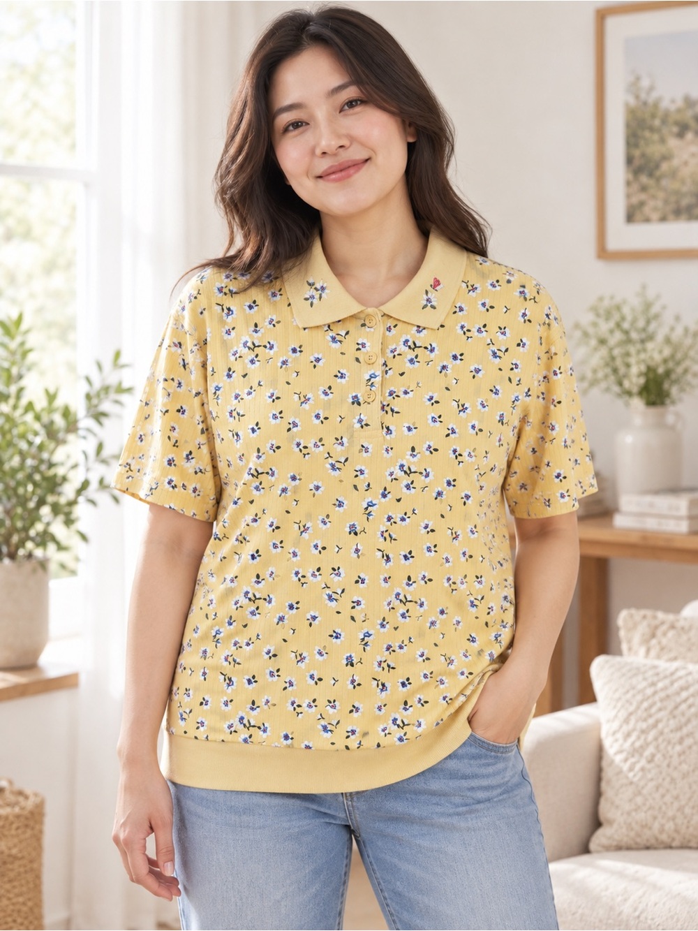Vintage Bobbie Brooks Yellow Cottagecore Floral Polo Top